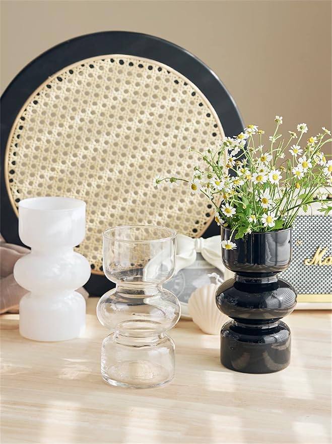 JSPYFITS Glass Hydroponic Flower Vase, 7 Inches Colored Glass Bubble Vases for Flower, Three-Layer Glasses Funky Vase for Home/Office/Weddings/Party Table Flower Decor (White)