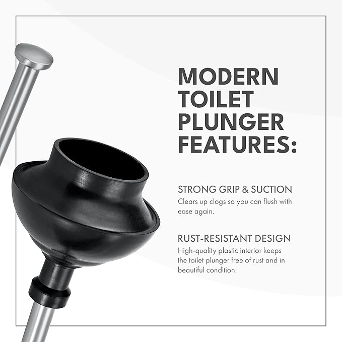 ToiletTree Products Stainless Steel Plunger - Heavy Duty Toilet Bowl Plunger with Holder for Bathroom Essentials and House Cleaning Tools - Stainless Steel, 6.5” x 6.5” x 18.5”