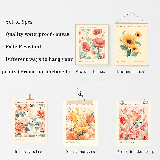 Flower Market Poster Set of 9, Abstract Colorful Floral Wall Decor Art Prints, Vintage Flower Market Poster for Room Aesthetic, Trendy Floral Canvas Gallery Paintings Boho Wall Art Decor for Bedroom Bathroom（8x10inch, Unframed)