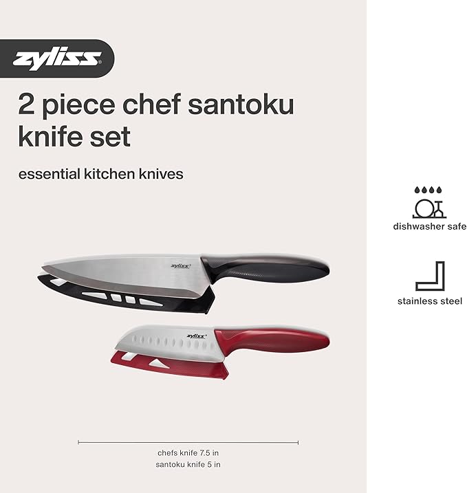 Zyliss Utility Kitchen Knives with Sheath Covers - Dishwasher Safe - Stainless Steel Kitchen Knives Perfect for Cutting Meat, Vegetables & Fruit - 2 Piece Santoku & Chef Set