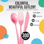 Party Solids Pink Plastic Silverware Heavy Duty 300 Pieces Pink Plastic Cutlery Sets, Utensil Sets, 100 Of Each Forks, Knives & Spoons Disposable Cutlery Set, Flatware Set For Party Supplies