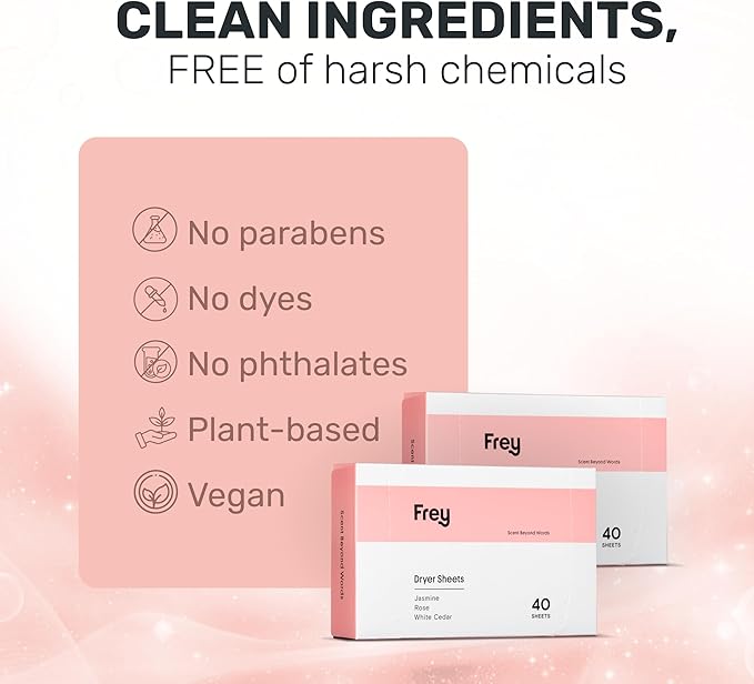 FREY Naturally Scented Dryer Sheets - Fabric Softener for Soft, Fresh & Clean Clothes (2-pack, Jasmine Rose)