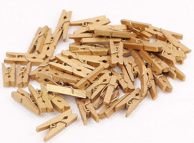 DurReus Small Wooden Clips Cute 1.5 Inch Clothespin Photo Paper DIY Craft Holder with Jute Twine Gold Pack 50