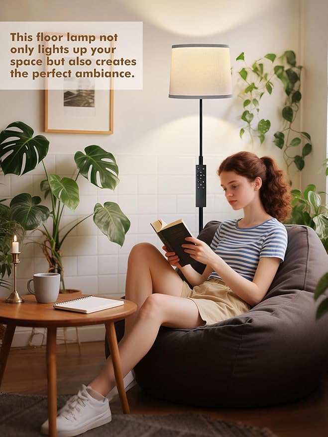 60" Modern Floor Lamp for Living Room Bedroom, Standing Lamp with White Linen Lampshade, Remote and Foot Switch, Tall Lamp with A19 9W 3000K-6000K Color Temperature 10%-100% Brightness Dimmable Bulb