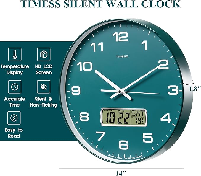 Wall Clock, 14" Large Dial Non-Ticking Silent Battery Operated Analog with LCD Display for Perpetual Calendar and F° Temperature, Ideal Modern Home, Bedroom, Kitchen, Office Decor(Green)