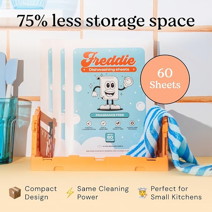 Freddie Dishwasher Sheets Fragrance Free - Space-Saving Alternative to Liquid Detergent - 360 Loads (6 Pack) Concentrated Plastic Jug Free Strips