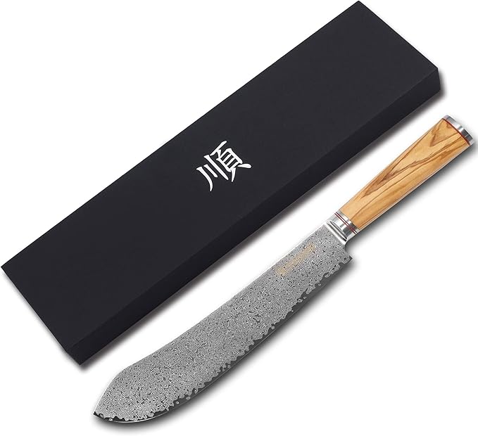 YOUSUNLONG Breaking Knife Bull Nose Pro Butcher Knife 10 Inch Japanese Damascus Steel Italian Olive Wood Handle with Leather Sheath