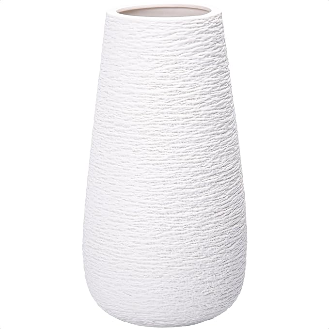 D'vine Dev 12 Inch Textured White Elegant Oval Ceramic Vase for Flowers, Home Décor Vase with Design Box, VS-LD-C-1
