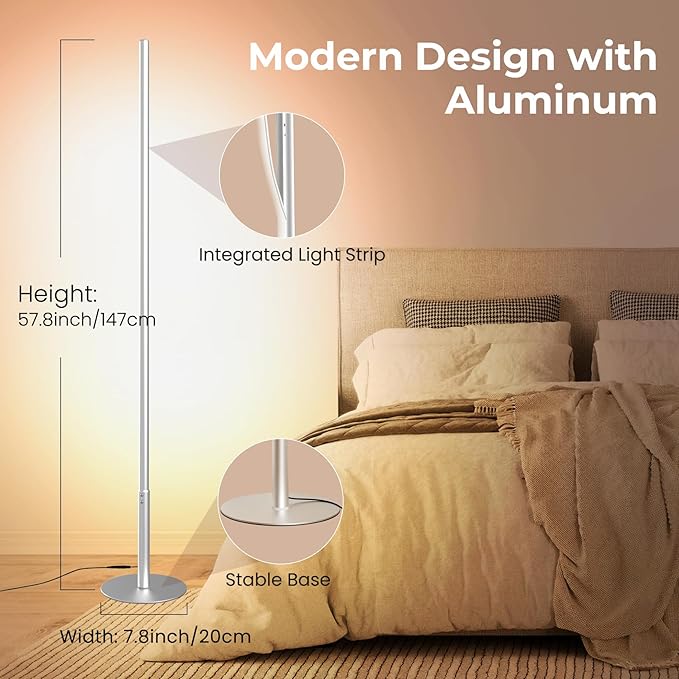 LED Corner Floor Lamp for Living Room, Minimalist Light with Remote Control, Stepless Adjustable 2700k-6500k Colors & Brightness, Modern Reading Bright Light, 58" Standing Lamp for Bedroom Home Office