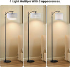 Arc Floor Lamp for Living Room,Farmhouse Floor Lamps with Remote Control & Dimmable Bulb,White Rattan Boho Tall Standing Lamp for Bedroom Office