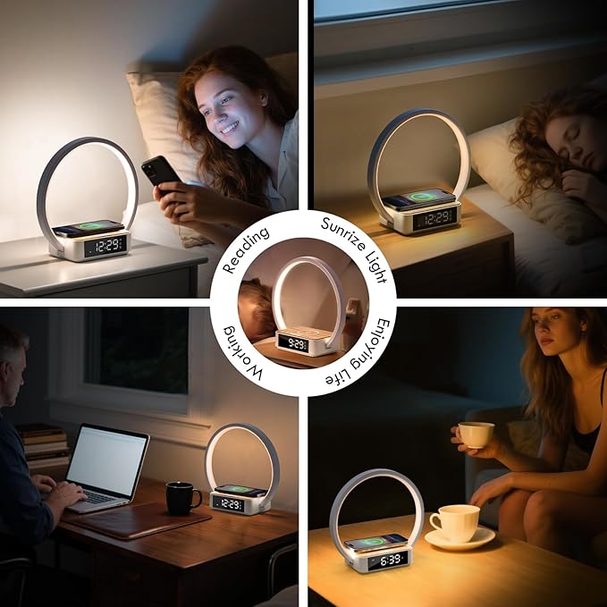 WILIT Bedside Lamp with Alarm Clock,Touch Lamp with Wireless Charger,Nightlight for Bedroom,Sunrise Wake-up Light,3-Grade Dimmable,Birthday Gifts for Her,Women,Men,Mom,Daughter,Girlfriend(Wood Grain)