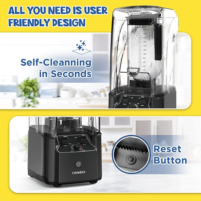 CRANDDI Quiet Commercial Blender with Soundproof Shield, 2200 Watt Professional Blenders for Kitchen with 80oz Pitcher and Self-Cleaning, High-Speed Blenders K90 Grey