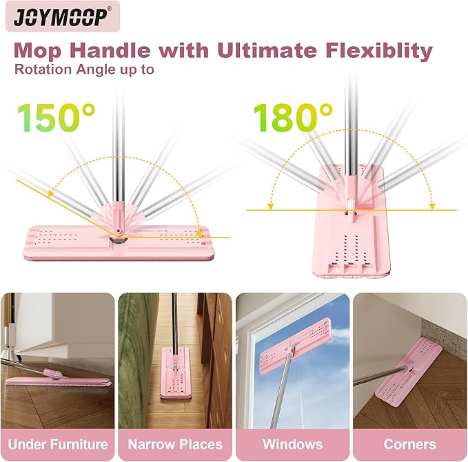 JOYMOOP Flat Mop, Microfiber Mops for Floor Cleaning, 60" Long Handle with Flexible 13" Flat Head, Pink