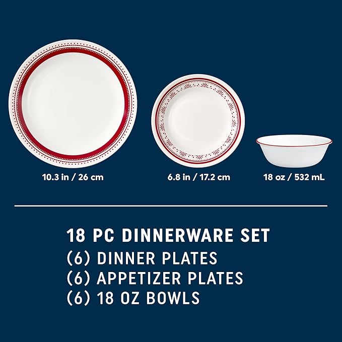 Corelle Everyday 18-PC Dinnerware Set Service for 6, Durable and Eco-Friendly, Higher Rim Glass Plate & Bowl Set, Microwave and Dishwasher Safe, Sadie
