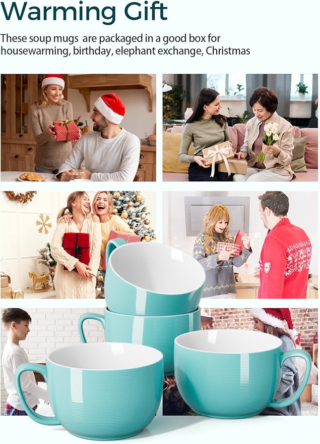 Teocera 24 oz Soup Bowls with Handles, Porcelain Large Coffee Mug Set, Jumbo Mugs, Soup Bowls Mugs set of 4 for Coffee, Oatmeal, Stew - Striped Design, Turquoise