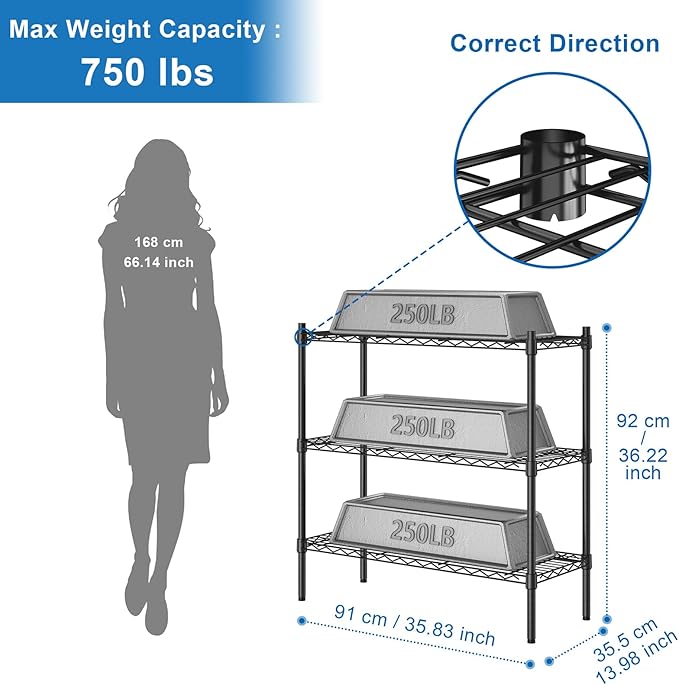 Auslar 3-Shelf Storage Wire Shelves Heavy Duty 3 Tiers Standing Shelving Units Adjustable Metal Organizer Wire Rack, Black