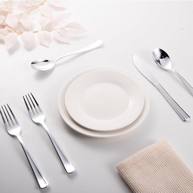 144 Pack Silver Premium Plastic Cutlery Disposable Silverware Set - 48 Forks, 48 Knives, 48 Spoons - For Catering, Parties, Dinners, Weddings, and Everyday Use, Plastic box packaging