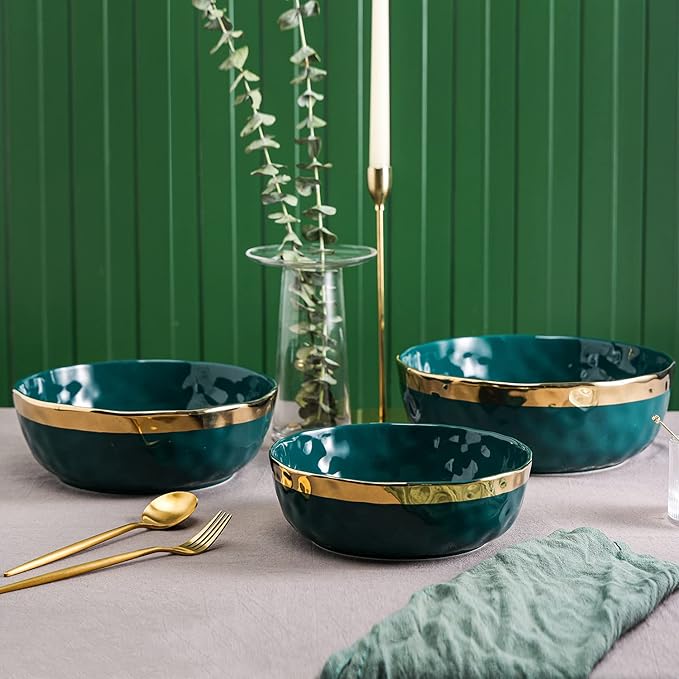 Stone Lain Florian Porcelain 3-Piece Round Bowl Service Set, Green with Gold Rim