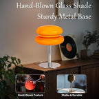 Vintage Mushroom Lamp, Orange Glass Lamp with Metal Base, Dimmable Bedside Table Lamp for Bedroom, Living Room, Mid Century Modern Retro Style, Plug in Nightstand Light