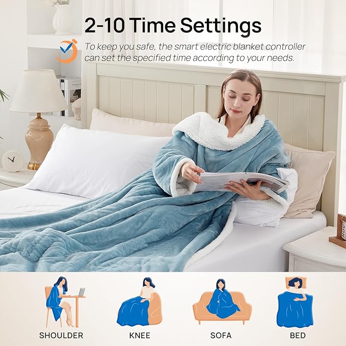 Westinghouse Electric Snuggle Throw Blankets with Foot Pocket, Wearable Heated Blanket with Sleeves, 6 Heating Levels & 2 to 10 Hours Heating Time Settings, 50 * 70"+18", Light Blue
