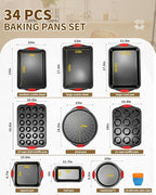 Baking Pans Set with Silicone Handles, 34 PCS Nonstick Bakeware Sets, Oven Pan Set Includes Baking Tray, Cookie Sheet, Cake Pans, Loaf Pan, Muffin Pan, Pizza Pan