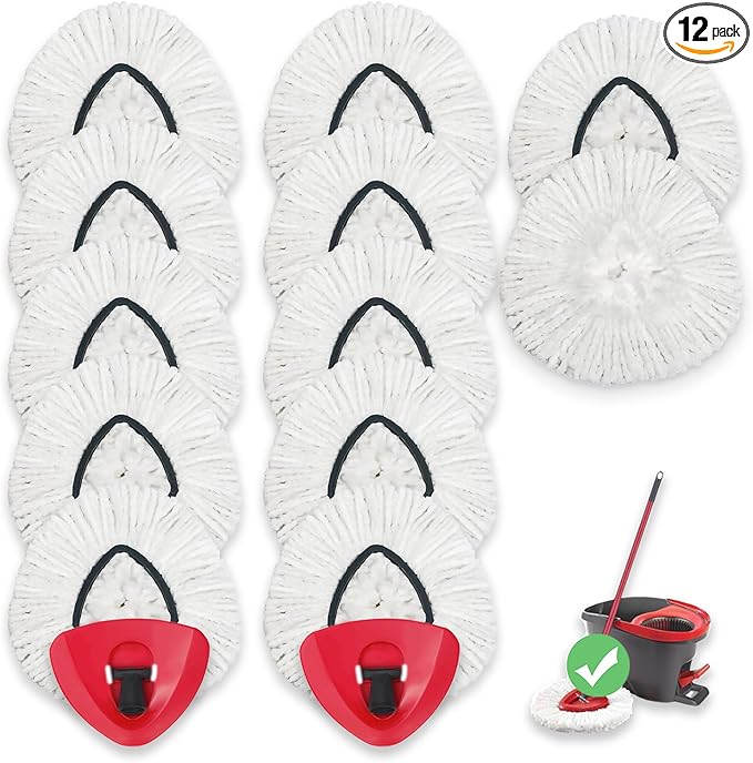 12 Pack Spin Mop Replacements Head, Mop Heads Replace Compatible for Oceda EasyWring 1 Tank System, Deep Cleaning, Microfiber Refills for Hardwood Floors Surface,with 2 Base