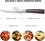 PAUDIN Tomato Knife, 5 inch Serrated Tomato Knives with Sheath, High Carbon Stainless Steel Tomato Slicer Knife for Smooth Cutting Slicing Vegetables and Fruits