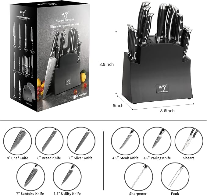 16-Piece Damascus Knife Set with Block - VG10 67-Layer Steel, Razor Sharp, Triple-Rivet Handles, 6 Steak Knives, Meat Fork, Sharpener & Scissors, Black