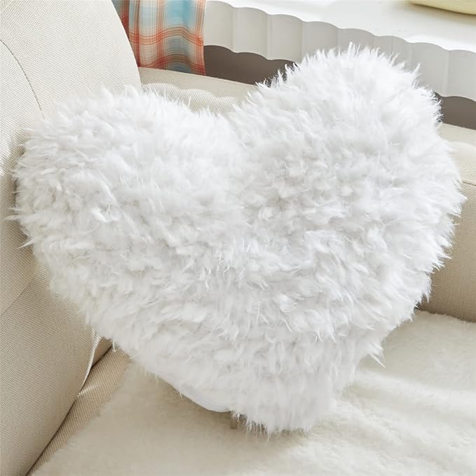 MOOWOO Fluffy Heart Throw Pillow with Pillow Cover and Insert, Shaggy Faux Fur,Valentines Day Decor,Christmas Decorations, Love Pillow (White, Heart Shape-15.7X15.7Inches)