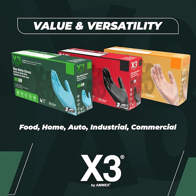 X3 Black Nitrile Disposable Industrial-Grade Gloves 3 Mil, Latex and Powder-Free, Food-Safe, Non-Sterile, Lightly-Textured