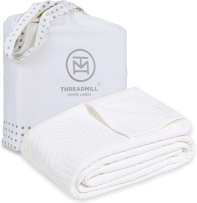 Threadmill Luxury Cotton Blankets for Queen Size Bed | All-Season 100% Cotton Queen Size Blanket | Aster Jacquard Cozy Lightweight, Soft Breathable Coverlet fits Full Size Bed, 90x92 | White