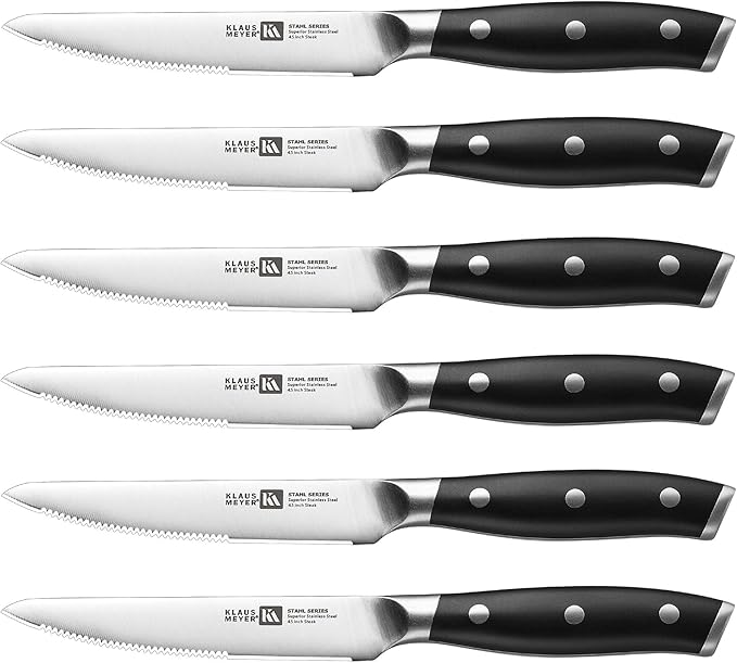 Klaus Meyer Stahl High Carbon Exclusive German Steel 4.5 inch 6 Piece Steak Knife Set (Black)