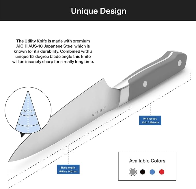 Misen 5.5" Utility Knife – High Carbon Japanese AUS-10 Stainless Steel – Hybrid German & Japanese Blade – Precision Kitchen Knife for Professionals & Home Cooks – Ultimate Cutting Performance - Gray