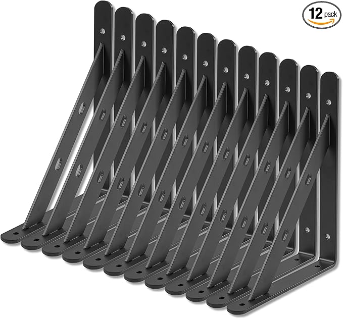 12 Pack 8" x 6" Heavy Duty Aluminum Alloy Shelf Brackets, Max Load 360 lbs, Black, Wall Mount