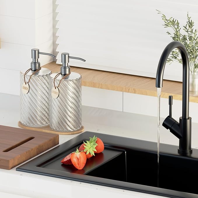 Glass Hand Soap Dispenser Bathroom Set,Dish Soap Dispenser for Kitchen Sink with Wood Tray & Silver Stainless Steel Pump,Spiral Stripe Design