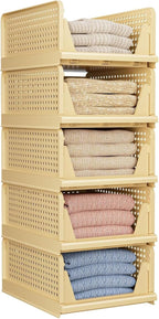 5 Pack Folding Closet Organizers Storage Box, Stackable Storage Bins, Plastic Drawer Basket Closet Storage for Wardrobe Cupboard Kitchen Bathroom Office 5L (Yellow)