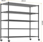 Himimi Storage Shelves with Wheels, 5-Tier Heavy Duty Steel Wire Rack Storage Shelving, Adjustable Metal Storage Shelves for Garage Kitchen Pantry Bathroom Laundry 18" D*60" W*82" H, Black