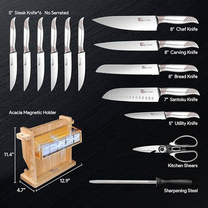 Japanese Knives Set for Kitchen, Magnetic Knife Set with Block and Sharpener, Stainless Steel Knife Set as Gift for Couple, Wedding, Women or Mom with Gift Box, 14 PCS Redd Dot