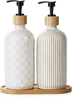 Getstar Hand and Dish Soap Dispenser Set, Ceramic Soap Dispenser for Bathroom and Kitchen with Rust Proof Pump and Tray, Set of 2 (Black Pump)