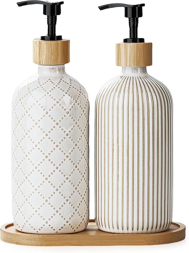 Getstar Hand and Dish Soap Dispenser Set, Ceramic Soap Dispenser for Bathroom and Kitchen with Rust Proof Pump and Tray, Set of 2 (Black Pump)