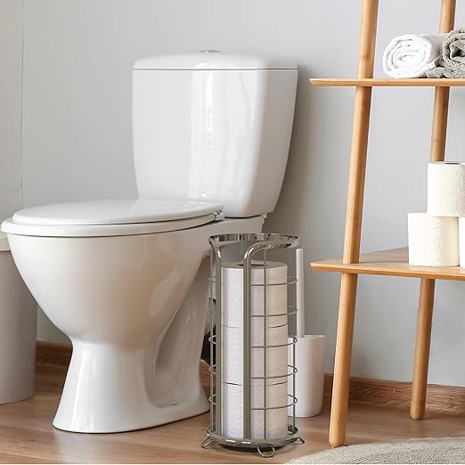 BROOKSTONE, Shiny Chrome Toilet Paper Holder, Freestanding Bathroom Tissue Organizer, Minimalistic Storage Solution, Modern & Stylish Design [Holds MEGA Rolls]