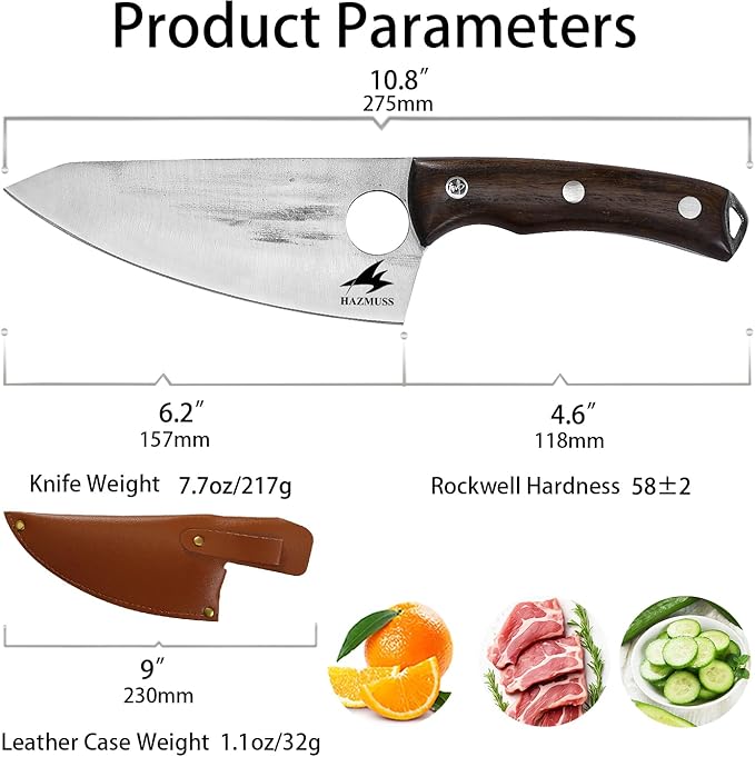Chef's Knife - 6.2", High Carbon Stainless Steel Blade Perfect Kitchen Knive, Chopping, Julienne and Slicing Kitchen Knife Full Tang with Ergonomic Ash Wood Handle, Leather Sheath