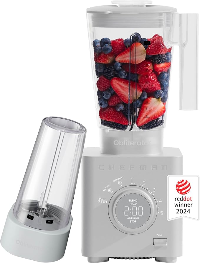 Chefman Obliterator 48 oz Countertop Blender for Smoothies, 1380W Motor to Crush Ice, Nuts, and Frozen Fruit with Stainless Steel Blade, Auto Blend Function, Includes 20 oz Travel Jar