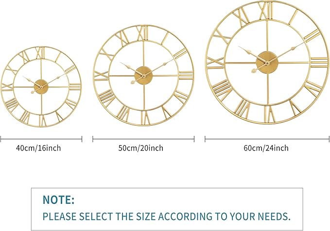 Large Wall Clock, Metal Retro Roman Numeral Clock, Modern Round Wall Clocks Almost Silent, Easy to Read for Living Room/Home/Kitchen/Bedroom/Office/School Decor (Gold, 18.5 Inch)