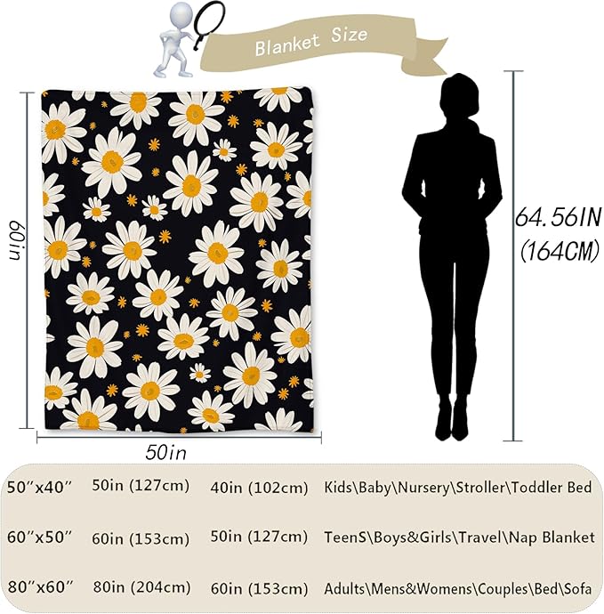 White Daisy Flowers Blanket - Soft Lightweight Cozy Floral Flannel Throw Blanket for Adults Kids Women Girls, Warm Fuzzy Blankets for Couch, Bed, Travel, Outdoor Use, Home Decor 60×50 in