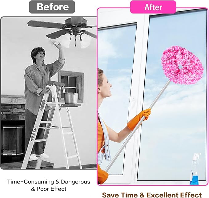 Ceiling Fan Cleaner Duster Reusable Microfiber Ceiling Fan Blade Cleaner Removable Duster with Extension Pole Adjusts 13 to 49.7 Inch for Cleaning Walls Furniture Door Window Top (Rosy White)