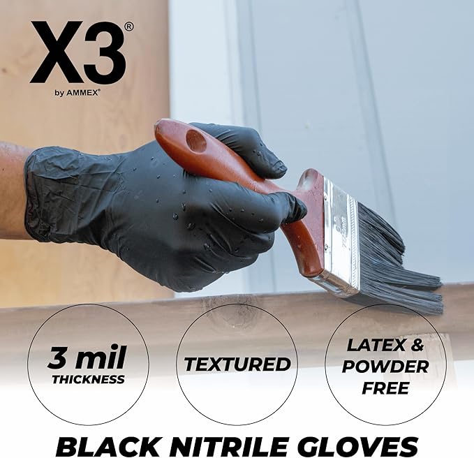 X3 Black Nitrile Disposable Industrial-Grade Gloves 3 Mil, Latex and Powder-Free, Food-Safe, Non-Sterile, Lightly-Textured