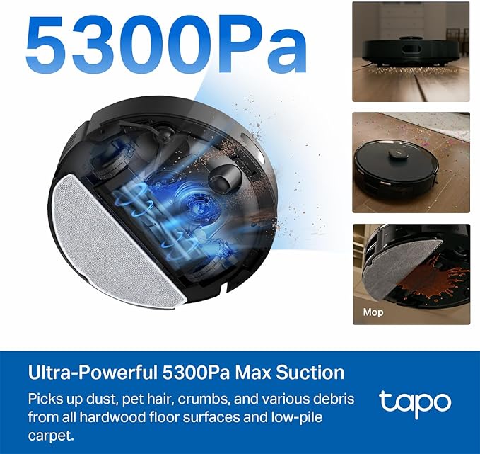 Tapo LiDAR Smart Navigation Robot Vacuum and Mop with Self-Emptying Dock, 5300Pa Max, 97%+ Dust Pickup Rate, Customizable Cleaning, Self-Charging, Compatible with Alexa & Google Home, RV30 Max Plus