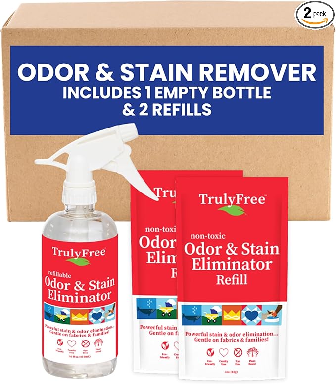 Multi-Purpose Odor & Stain Eliminator, Pet Odor Eliminator for Home & Stain Remover for Carpet, Couch, Rugs & More, Upholstery Deodorizer, Includes 1 Empty Bottle Spray & 2 Refill (3 oz ea)