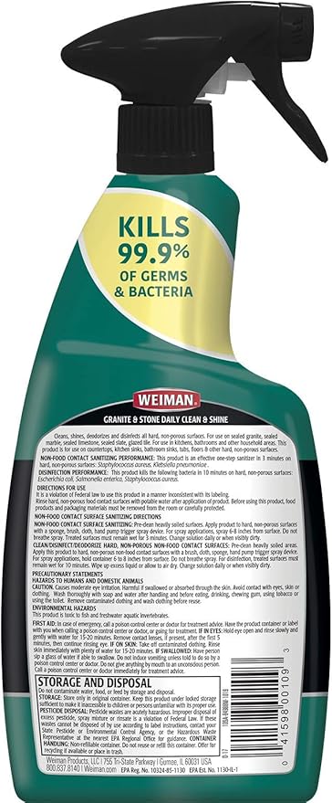Weiman Disinfectant Granite Cleaner and Polish With Microfiber Cloth - Safely Clean Disinfect and Shine Granite Marble Soapstone Quartz Quartzite Slate Limestone Corian Laminate Tile Countertop